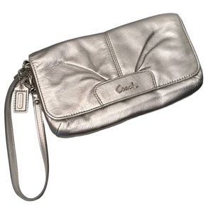 Coach Metallic Silver Large “Ashley” Fold Over Leather Evening Clutch Wrislet